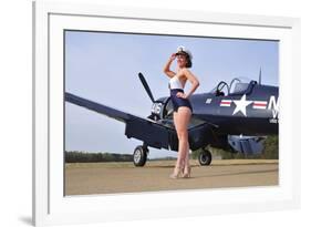 1940's Style Navy Pin-Up Girl Posing with a Vintage Corsair Aircraft-null-Framed Photographic Print