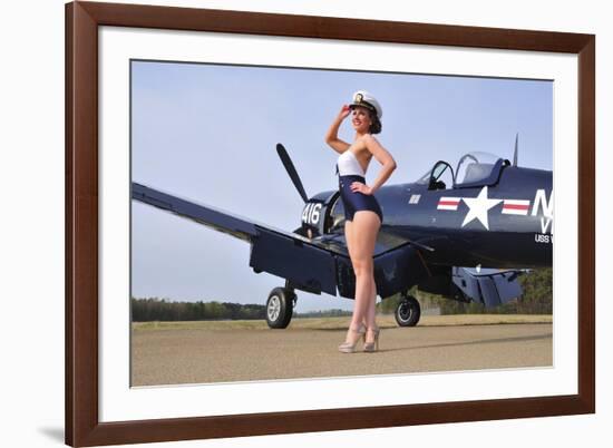 1940's Style Navy Pin-Up Girl Posing with a Vintage Corsair Aircraft-null-Framed Photographic Print