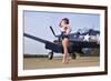 1940's Style Navy Pin-Up Girl Posing with a Vintage Corsair Aircraft-null-Framed Photographic Print