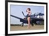 1940's Style Navy Pin-Up Girl Posing with a Vintage Corsair Aircraft-null-Framed Photographic Print
