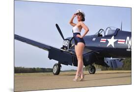 1940's Style Navy Pin-Up Girl Posing with a Vintage Corsair Aircraft-null-Mounted Photographic Print