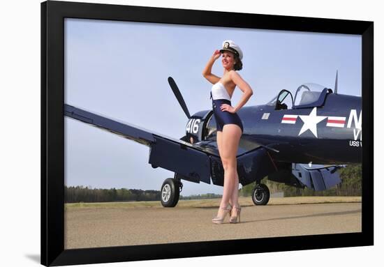 1940's Style Navy Pin-Up Girl Posing with a Vintage Corsair Aircraft-null-Framed Photographic Print