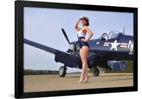 1940's Style Navy Pin-Up Girl Posing with a Vintage Corsair Aircraft-null-Framed Photographic Print