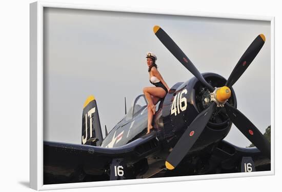 1940's Style Navy Pin-Up Girl Sitting on a Vintage Corsair Fighter Plane-null-Framed Photographic Print