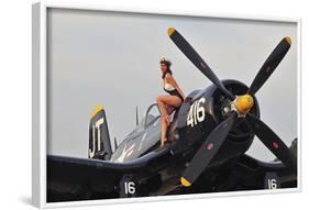 1940's Style Navy Pin-Up Girl Sitting on a Vintage Corsair Fighter Plane-null-Framed Photographic Print