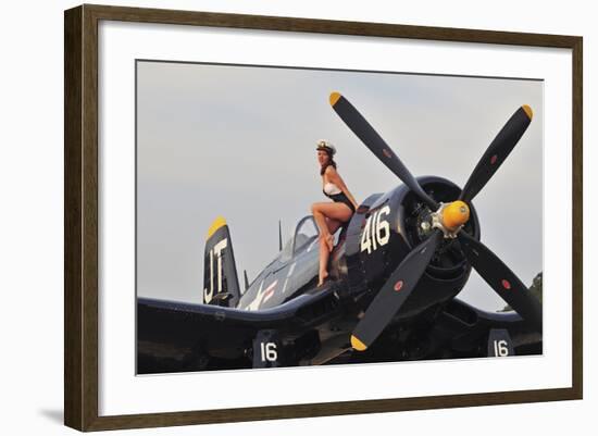 1940's Style Navy Pin-Up Girl Sitting on a Vintage Corsair Fighter Plane-null-Framed Photographic Print