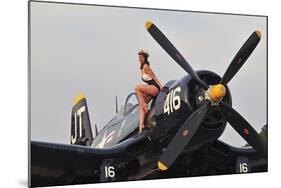 1940's Style Navy Pin-Up Girl Sitting on a Vintage Corsair Fighter Plane-null-Mounted Photographic Print