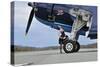 1940's Style Pin-Up Girl in Cocktail Dress Posing in Front of a Tbm Avenger-null-Stretched Canvas