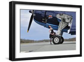 1940's Style Pin-Up Girl in Cocktail Dress Posing in Front of a Tbm Avenger-null-Framed Photographic Print