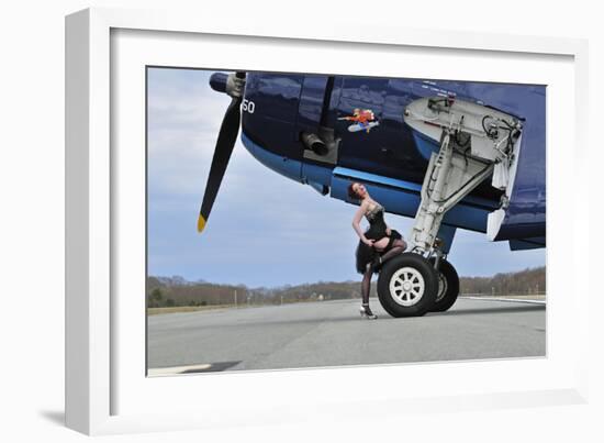 1940's Style Pin-Up Girl in Cocktail Dress Posing in Front of a Tbm Avenger-null-Framed Photographic Print