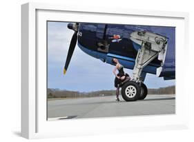 1940's Style Pin-Up Girl in Cocktail Dress Posing in Front of a Tbm Avenger-null-Framed Photographic Print