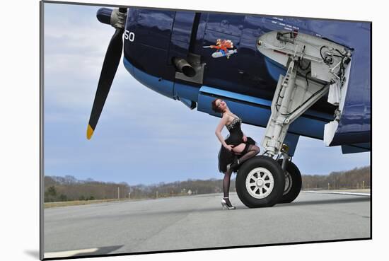 1940's Style Pin-Up Girl in Cocktail Dress Posing in Front of a Tbm Avenger-null-Mounted Photographic Print