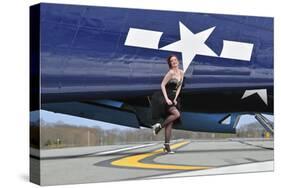 1940's Style Pin-Up Girl in Cocktail Dress Posing in Front of a Tbm Avenger-null-Stretched Canvas