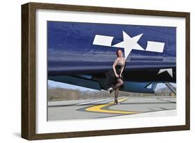 1940's Style Pin-Up Girl in Cocktail Dress Posing in Front of a Tbm Avenger-null-Framed Photographic Print