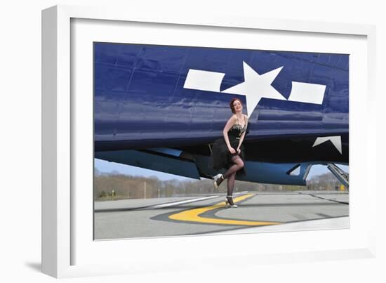 1940's Style Pin-Up Girl in Cocktail Dress Posing in Front of a Tbm Avenger-null-Framed Photographic Print