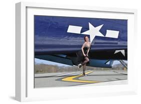 1940's Style Pin-Up Girl in Cocktail Dress Posing in Front of a Tbm Avenger-null-Framed Photographic Print