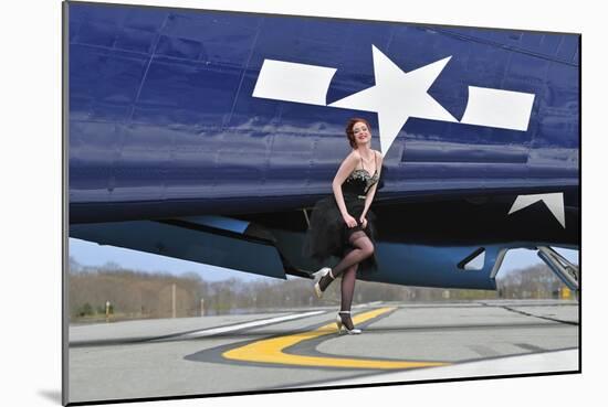 1940's Style Pin-Up Girl in Cocktail Dress Posing in Front of a Tbm Avenger-null-Mounted Photographic Print