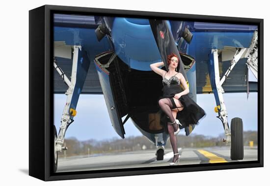 1940's Style Pin-Up Girl in Cocktail Dress Posing in Front of a Tbm Avenger-null-Framed Stretched Canvas