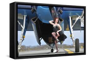 1940's Style Pin-Up Girl in Cocktail Dress Posing in Front of a Tbm Avenger-null-Framed Stretched Canvas