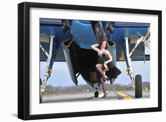 1940's Style Pin-Up Girl in Cocktail Dress Posing in Front of a Tbm Avenger-null-Framed Photographic Print