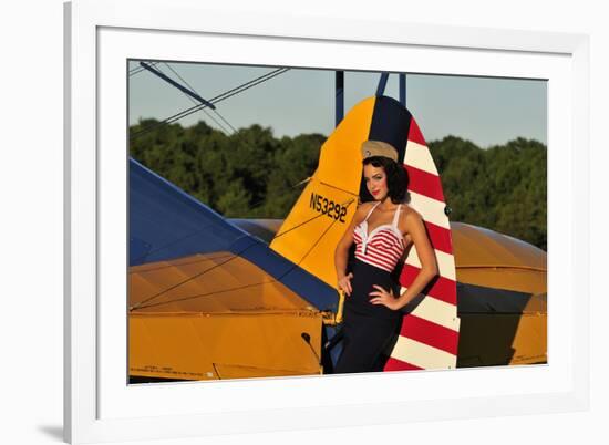 1940's Style Pin-Up Girl Leaning on the Tail Fin of a Stearman Biplane-null-Framed Photographic Print