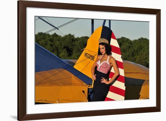 1940's Style Pin-Up Girl Leaning on the Tail Fin of a Stearman Biplane-null-Framed Photographic Print