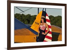 1940's Style Pin-Up Girl Leaning on the Tail Fin of a Stearman Biplane-null-Framed Photographic Print