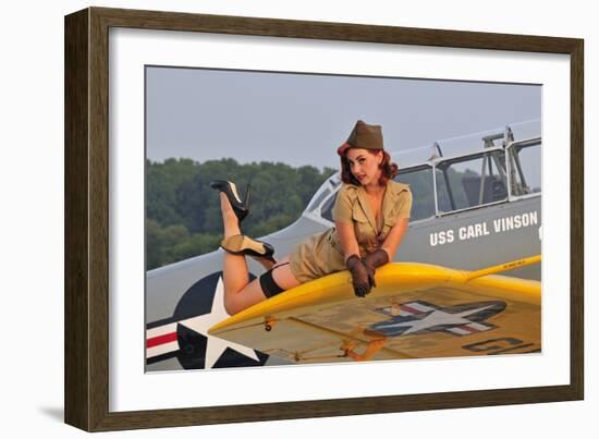 1940's Style Pin-Up Girl Lying on a T-6 Texan Training Aircraft-null-Framed Photographic Print