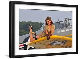 1940's Style Pin-Up Girl Lying on a T-6 Texan Training Aircraft-null-Framed Photographic Print