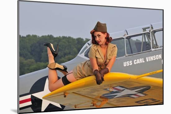 1940's Style Pin-Up Girl Lying on a T-6 Texan Training Aircraft-null-Mounted Photographic Print
