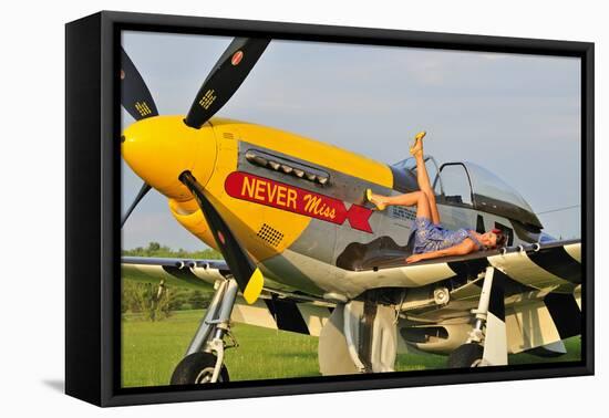 1940's Style Pin-Up Girl Lying on the Wing of a P-51 Mustang-null-Framed Stretched Canvas