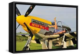 1940's Style Pin-Up Girl Lying on the Wing of a P-51 Mustang-null-Framed Stretched Canvas