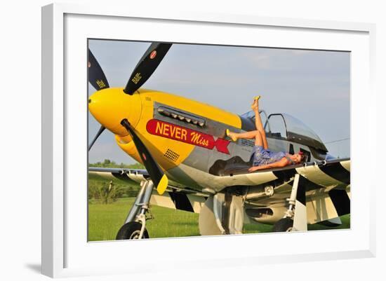 1940's Style Pin-Up Girl Lying on the Wing of a P-51 Mustang-null-Framed Photographic Print