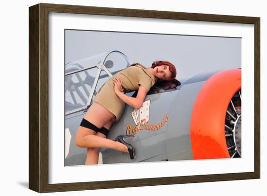 1940's Style Pin-Up Girl Posing on a T-6 Texan Training Aircraft-null-Framed Photographic Print