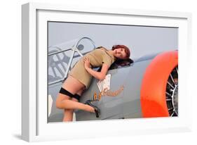1940's Style Pin-Up Girl Posing on a T-6 Texan Training Aircraft-null-Framed Photographic Print