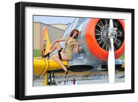 1940's Style Pin-Up Girl Posing on a T-6 Texan Training Aircraft-null-Framed Premium Photographic Print