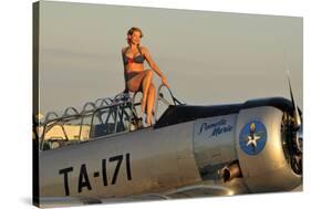 1940's Style Pin-Up Girl Sitting on the Cockpit of a World War II T-6 Texan-null-Stretched Canvas