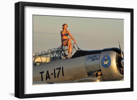 1940's Style Pin-Up Girl Sitting on the Cockpit of a World War II T-6 Texan-null-Framed Photographic Print