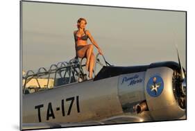 1940's Style Pin-Up Girl Sitting on the Cockpit of a World War II T-6 Texan-null-Mounted Photographic Print