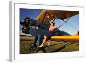 1940's Style Pin-Up Girl Sitting on the Wing of a Stearman Biplane-null-Framed Photographic Print