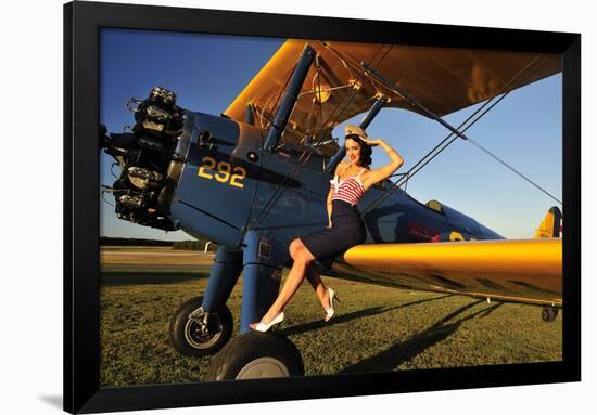 1940's Style Pin-Up Girl Sitting on the Wing of a Stearman Biplane-null-Framed Photographic Print