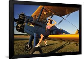 1940's Style Pin-Up Girl Sitting on the Wing of a Stearman Biplane-null-Framed Photographic Print