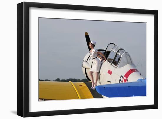 1940's Style Pin-Up Girl Sitting on the Wing of a Vintage T-6 Texan Aircraft-null-Framed Photographic Print