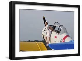1940's Style Pin-Up Girl Sitting on the Wing of a Vintage T-6 Texan Aircraft-null-Framed Photographic Print