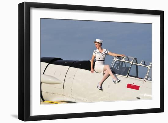 1940's Style Pin-Up Girl Sitting Outside the Cockpot of a T-6 Texan-null-Framed Photographic Print