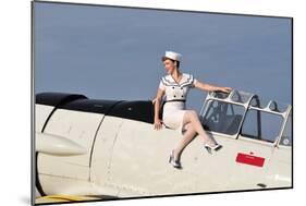 1940's Style Pin-Up Girl Sitting Outside the Cockpot of a T-6 Texan-null-Mounted Photographic Print