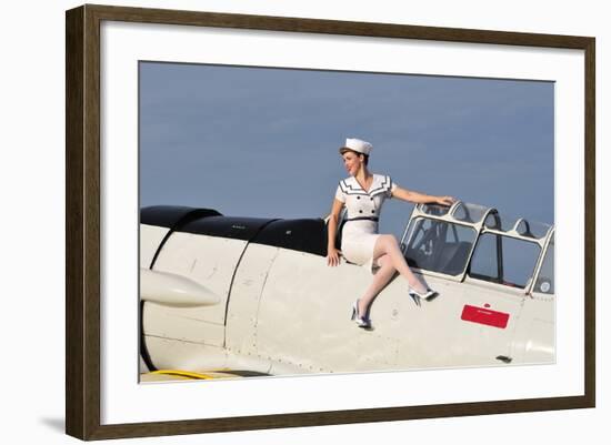 1940's Style Pin-Up Girl Sitting Outside the Cockpot of a T-6 Texan-null-Framed Photographic Print