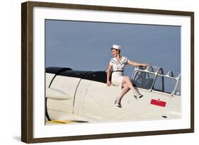 1940's Style Pin-Up Girl Sitting Outside the Cockpot of a T-6 Texan-null-Framed Photographic Print