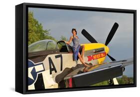 1940's Style Pin-Up Girl Standing Barefoot on the Wing of a P-51 Mustang-null-Framed Stretched Canvas