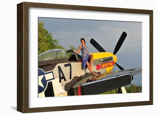 1940's Style Pin-Up Girl Standing Barefoot on the Wing of a P-51 Mustang-null-Framed Photographic Print